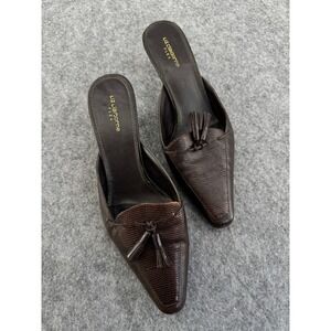 Liz Claiborne Flex Dark Brown Snake Embossed Leather Tassel Mules Heels Size 8